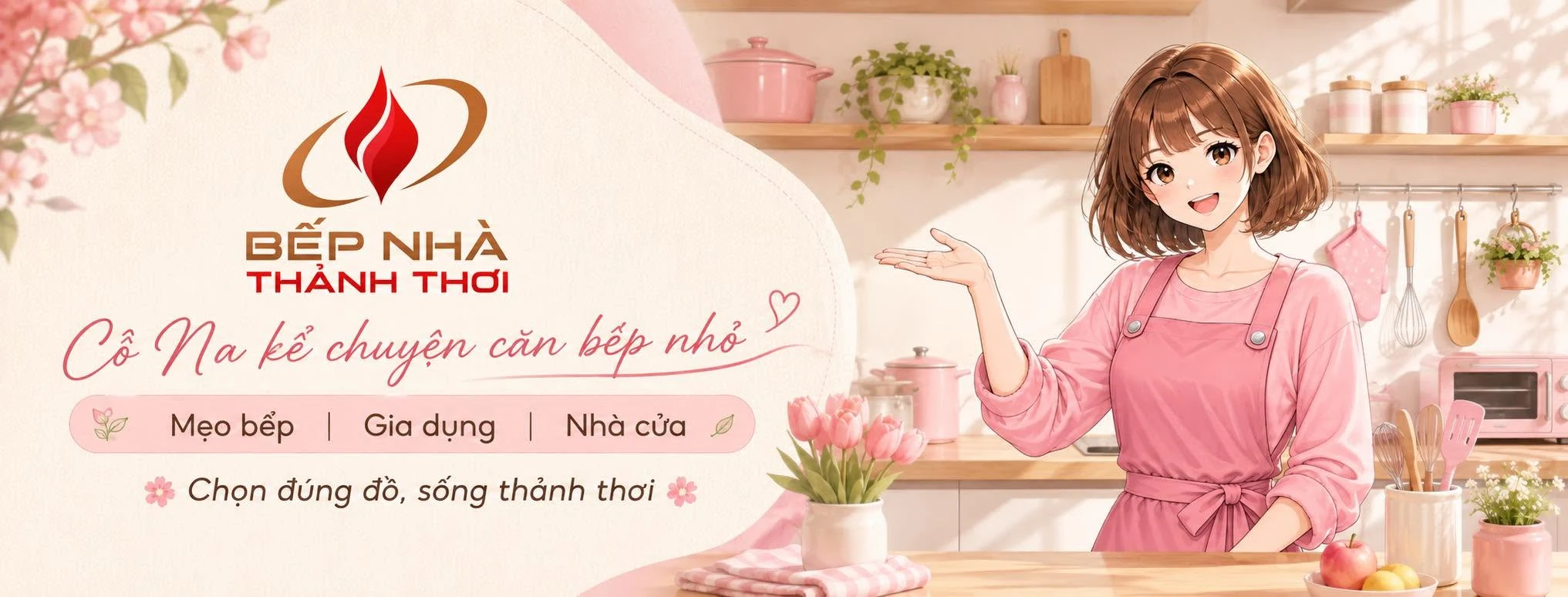 Cô Na, nhân vật đại diện Bếp Nhà Thảnh Thơi, trong căn bếp minh họa