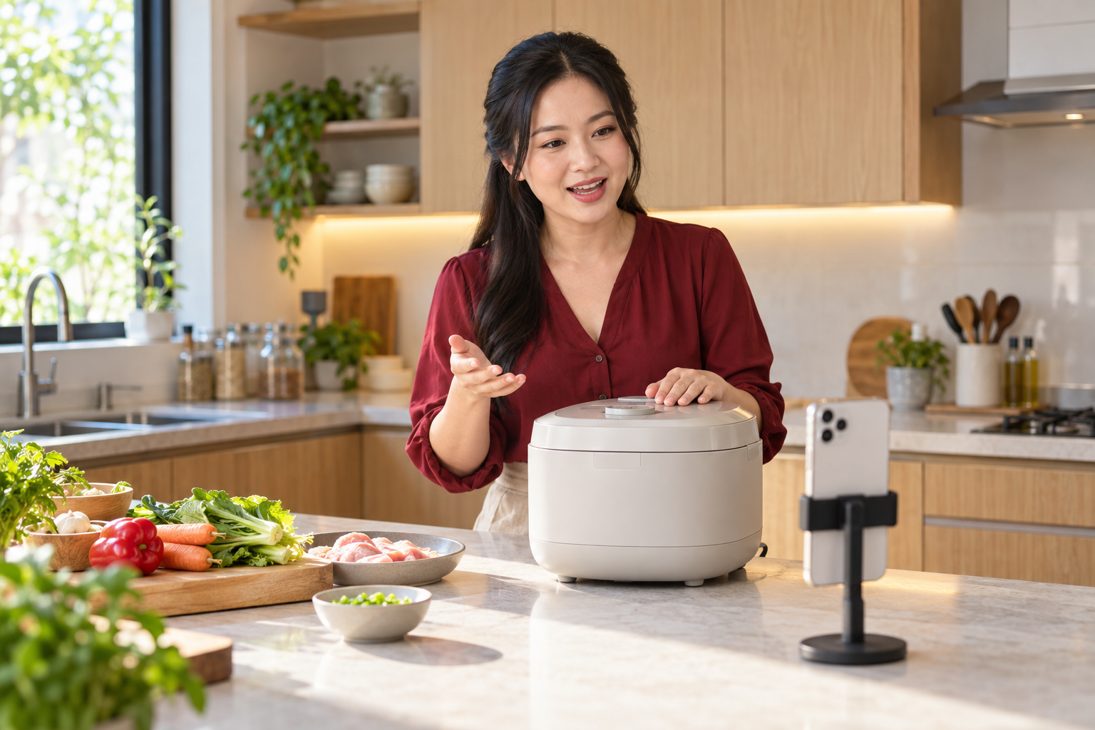 Minh họa người bán chia sẻ thông tin về thiết bị nấu ăn qua điện thoại trong không gian bếp