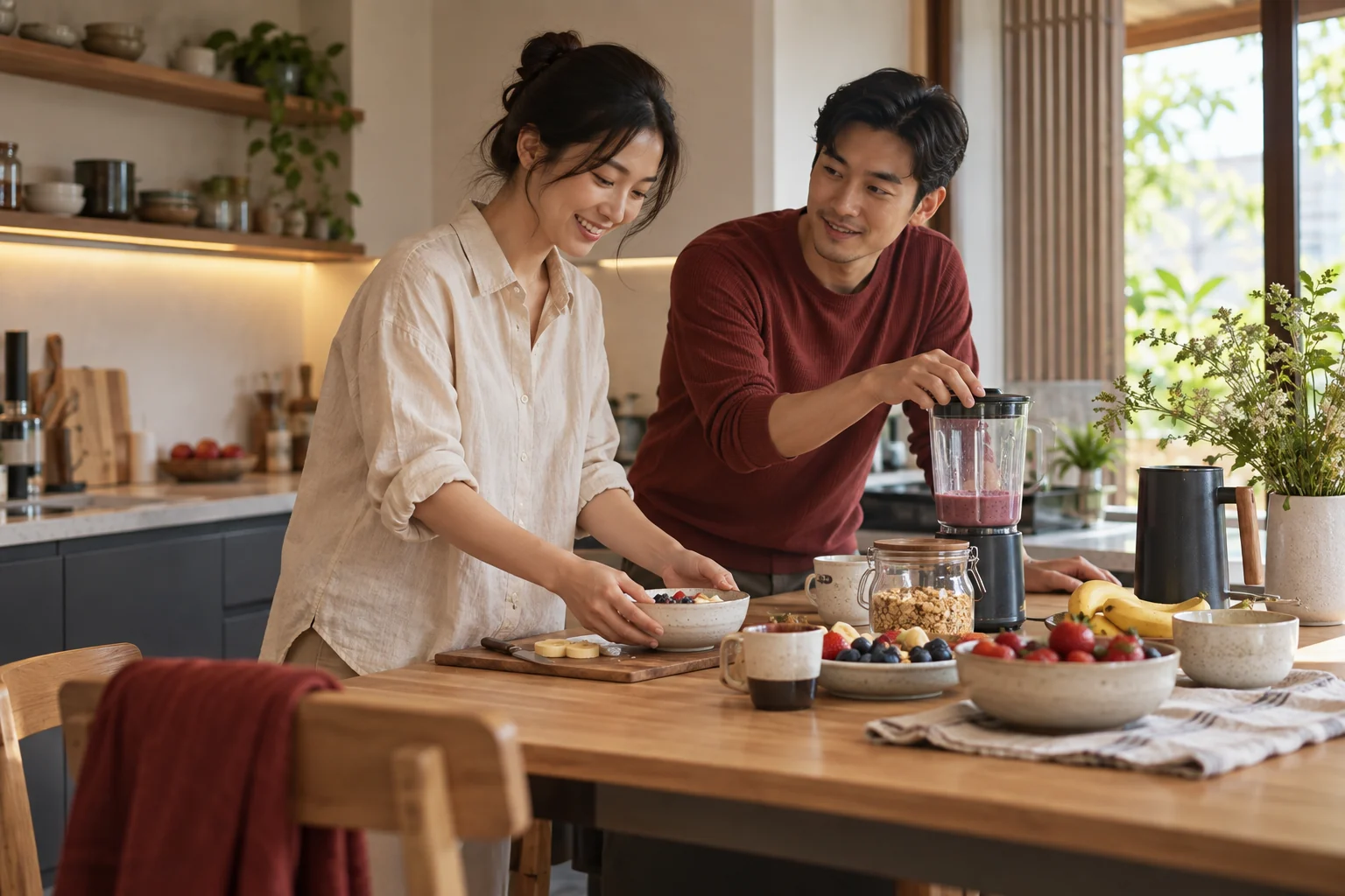Minh họa hai người cùng chuẩn bị bữa sáng trong căn bếp gia đình